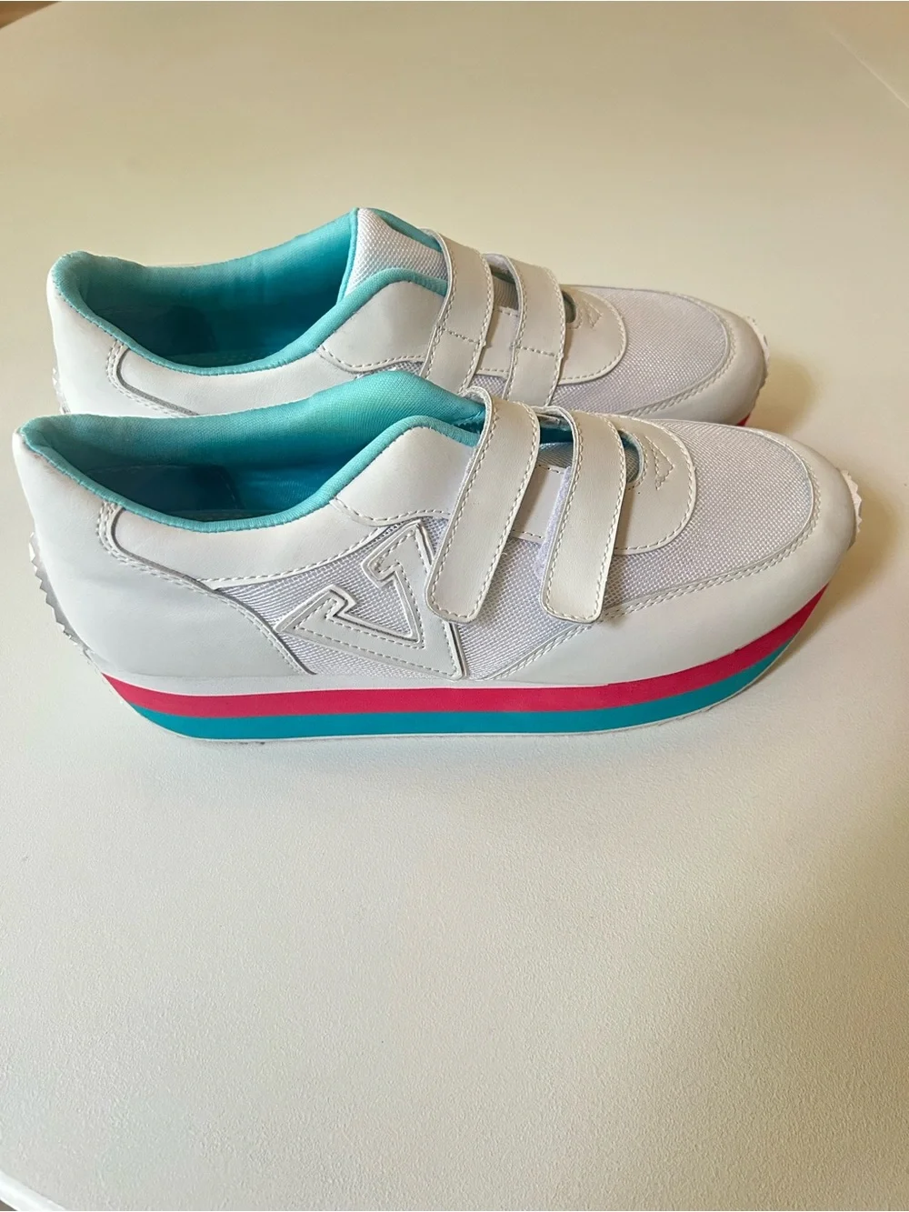 Y2K Volatile White Platform Sneaker with Pink and Teal Stripes